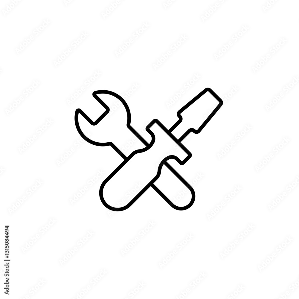 simple icon design featuring a black wrench and screwdriver crossed over each other in minimalistic style.