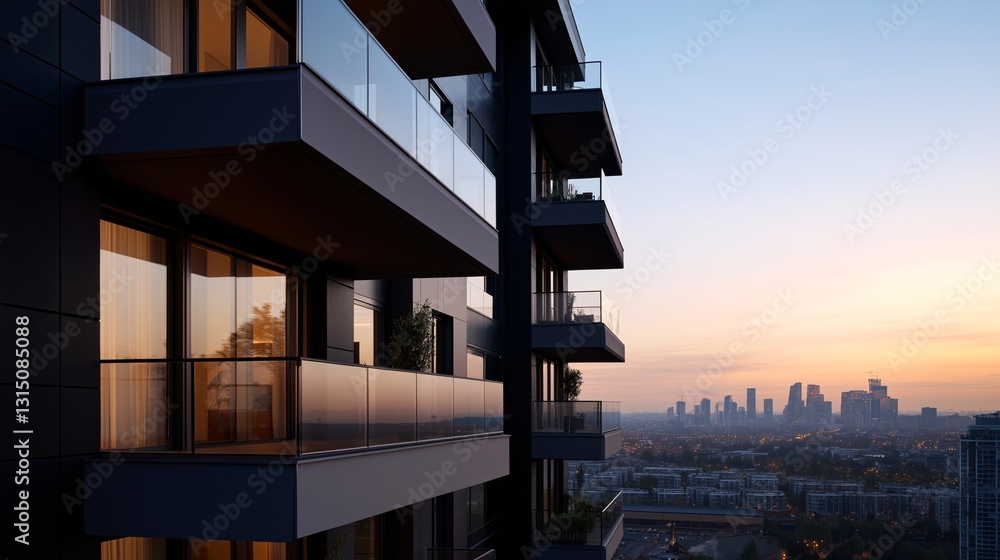 Fototapeta premium Modern building with balconies overlooking a city skyline at dusk.
