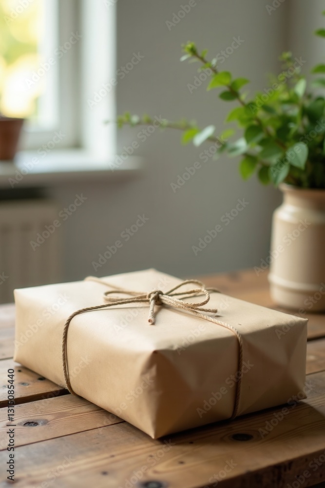 A simply wrapped gift sits on a rustic wooden table, bathed in soft natural light, next to a vase of fresh greenery, creating a serene and peaceful atmosphere. A simply wrapped gift sits on a rustic wooden table, bathed in soft natural light, next to a vase of fresh greenery, creating a serene and peaceful atmosphere.