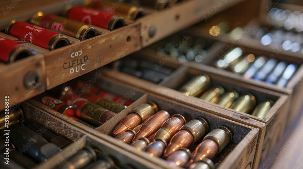 Close-Up of Assorted Ammunition in Wooden Boxes Displayed on Shelves in a Store Setting Close-Up of Assorted Ammunition in Wooden Boxes Displayed on Shelves in a Store Setting