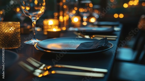 Elegant Dining Setup: A sophisticated dining table is set with stylish tableware and golden cutlery, bathed in the warm glow of soft candlelight, promising an evening of culinary delight.