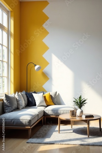 Modern sectional sofa in sunlit living room with yellow and white geometric wall