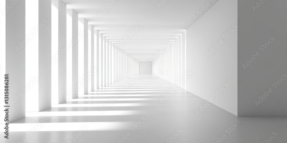A modern minimalist hallway featuring bright white walls and intricate shadows, creating a serene and open atmosphere. Ideal for design and architecture themes. A modern minimalist hallway featuring bright white walls and intricate shadows, creating a serene and open atmosphere. Ideal for design and architecture themes.