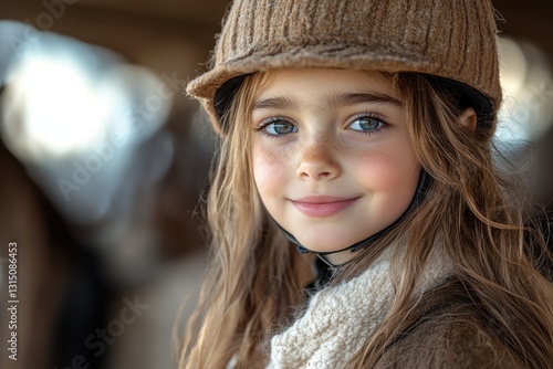 Young equestrian girl smiling warmly in riding gear at a stable during the afternoon sun photo