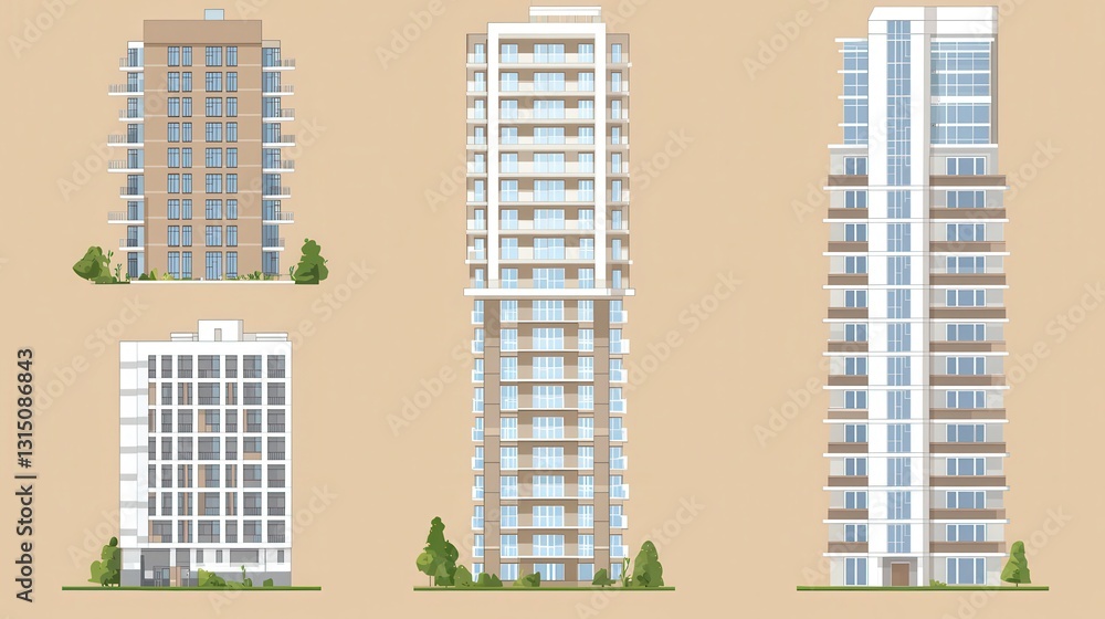 Collection of Modern Apartment Buildings in Various Styles and Heights Collection of Modern Apartment Buildings in Various Styles and Heights
