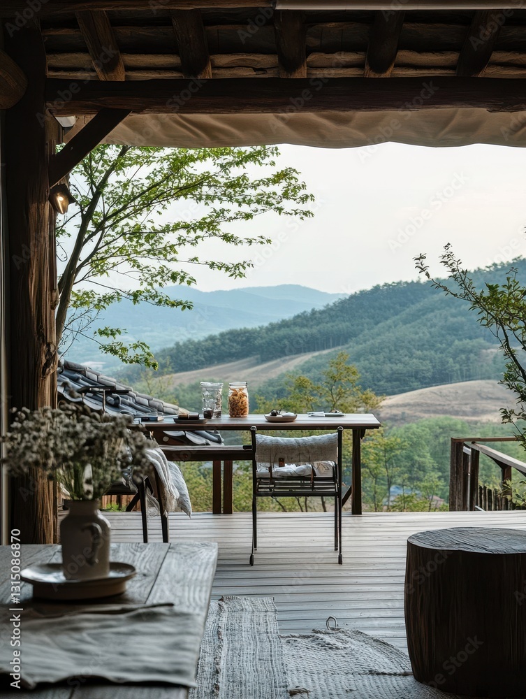 Fototapeta premium A wooden deck showcases landscape over mountain with green hills