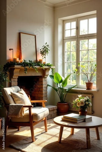 Sunlight streams through a large window illuminating a cozy living room with a fireplace, armchair, and coffee table, creating a tranquil atmosphere
