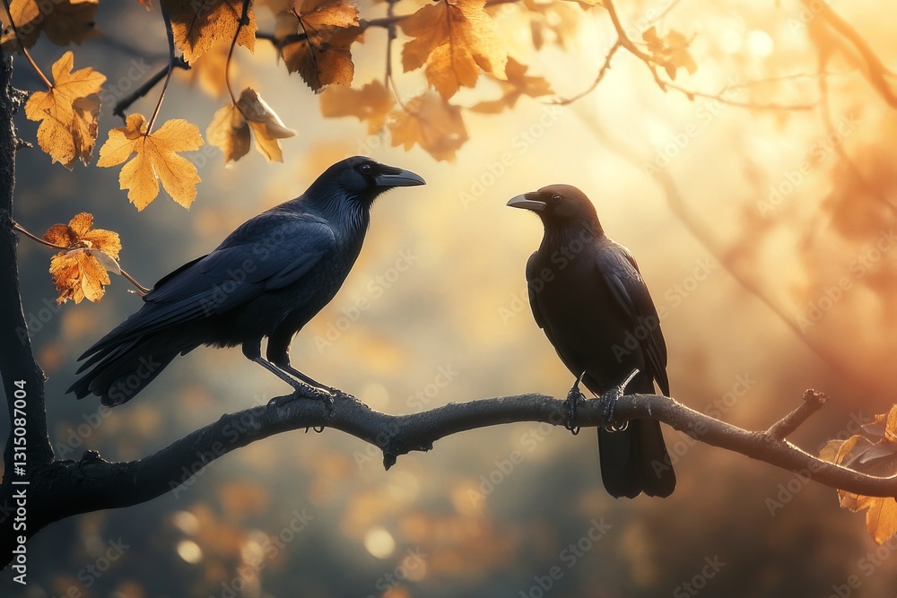 Two crows sit gracefully on a branch, surrounded by vibrant autumn leaves, captured in soft golden light, creating a serene natural scene. Two crows sit gracefully on a branch, surrounded by vibrant autumn leaves, captured in soft golden light, creating a serene natural scene.