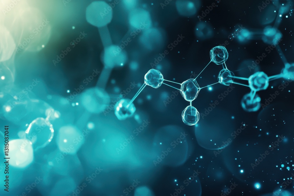 Delicate dance of molecules in a vibrant, abstract universe portraying science and discovery immersed in blue-green hues Delicate dance of molecules in a vibrant, abstract universe portraying science and discovery immersed in blue-green hues