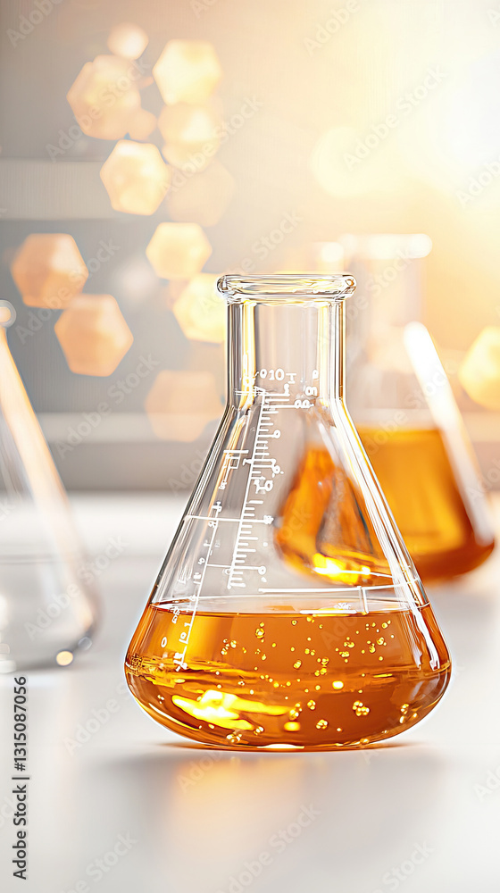 Science experiment with beaker and golden liquid in sunlit laboratory Science experiment with beaker and golden liquid in sunlit laboratory