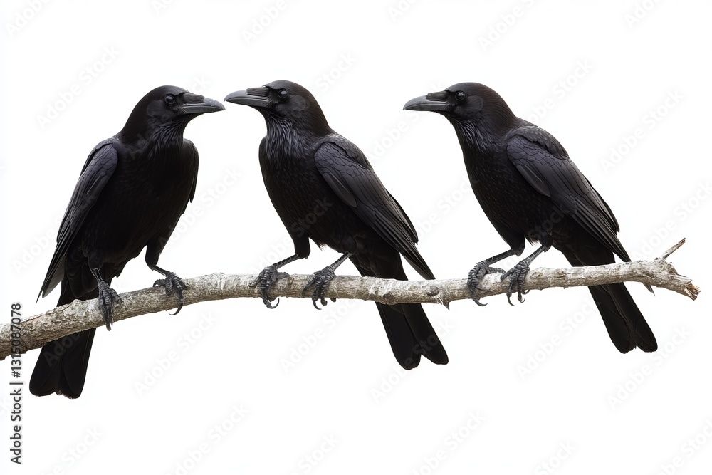 Three black ravens rest on a branch, showcasing their elegant features against a stark white background, emphasizing their striking appearance and natural beauty.