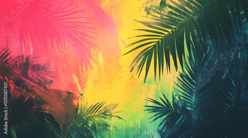 Tropical Paradise: A vibrant and colorful tropical paradise, captured through a stylized artistic lens, where lush green palm trees stand tall against a backdrop of glowing pink, yellow.