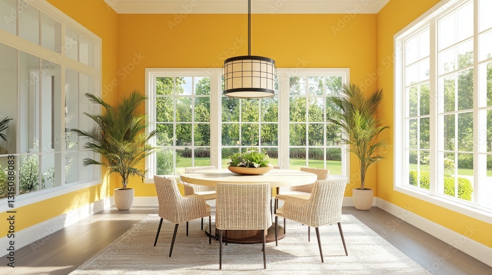 Sunlight streams through expansive windows, illuminating a vibrant yellow dining area. A round table surrounded by stylish chairs invites gatherings amidst greenery Sunlight streams through expansive windows, illuminating a vibrant yellow dining area. A round table surrounded by stylish chairs invites gatherings amidst greenery