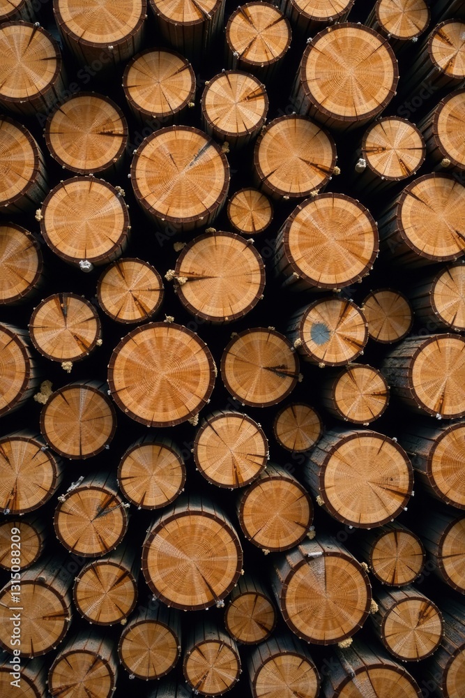 A tightly packed arrangement of uniformly cut logs, exhibiting concentric growth rings and a rich, warm brown hue. A tightly packed arrangement of uniformly cut logs, exhibiting concentric growth rings and a rich, warm brown hue.