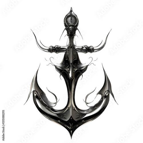 A stylized maritime anchor illustration, sleek and polished metal with intricate artistic details, balanced symmetrical design, carefully crafted curves and edges, transparent background, PNG