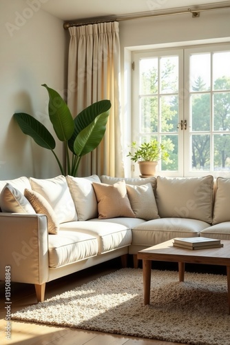 Sunlight streams through a window illuminating a cream-colored sectional sofa and textured rug in a serene living room