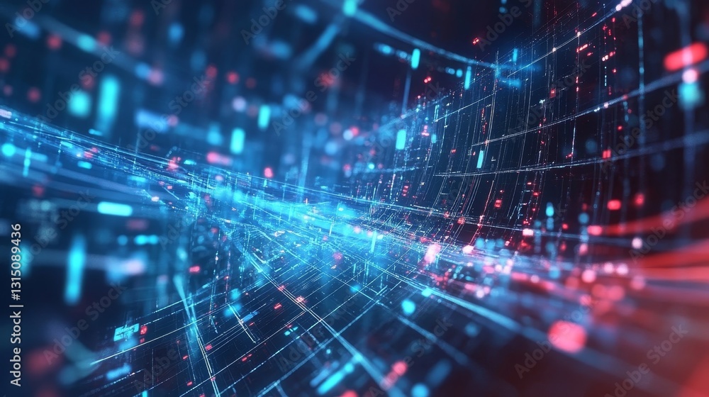 This abstract digital artwork features a vibrant flow of light patterns in blue and red. It captures the essence of modern technology and data visualization.