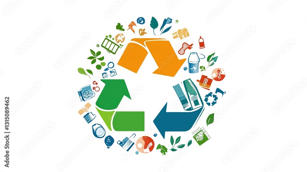 A Vibrant Recycling Symbol Encircled By Diverse Reusable Items Promoting A Sustainable Future With A Colorful And Playful Design A Vibrant Recycling Symbol Encircled By Diverse Reusable Items Promoting A Sustainable Future With A Colorful And Playful Design