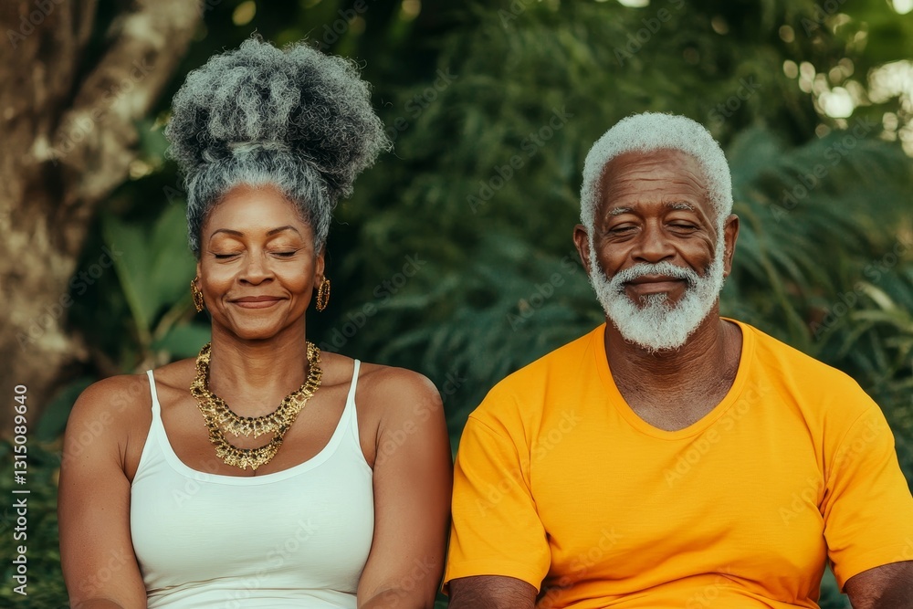 Happy senior couple sitting together outdoors with peaceful smiles enjoying a moment of relaxation in a lush green environment