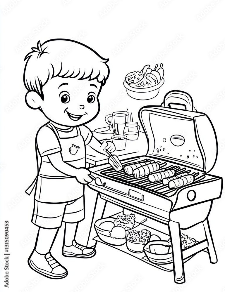 Child preparing grilled food outdoors, picnic scene in background. Coloring book image Child preparing grilled food outdoors, picnic scene in background. Coloring book image