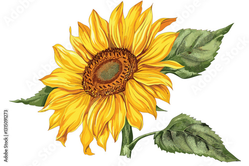 watercolor illustration, sunflower on isolated white background.