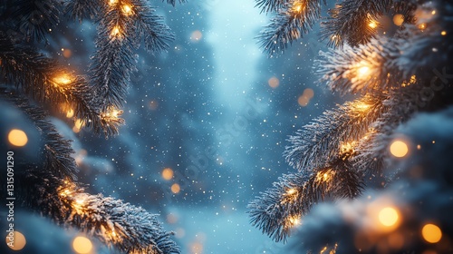 Wallpaper Mural Christmas Tree Branch with Lights and Snow Falling for Holiday Season Torontodigital.ca