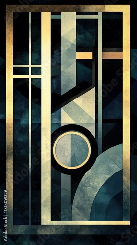Abstract Geometric Art Featuring Gold Accents and Teal Tones