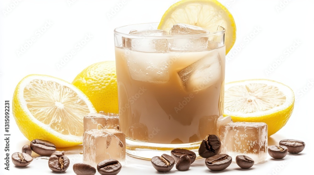 Fototapeta premium A glass of chilled iced coffee with ice cubes and a slice of lemon on a white isolated background