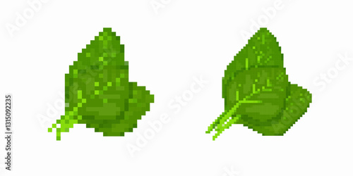 Pixel art leaves show a vivid green color and detailed design, capturing a retro gaming style.