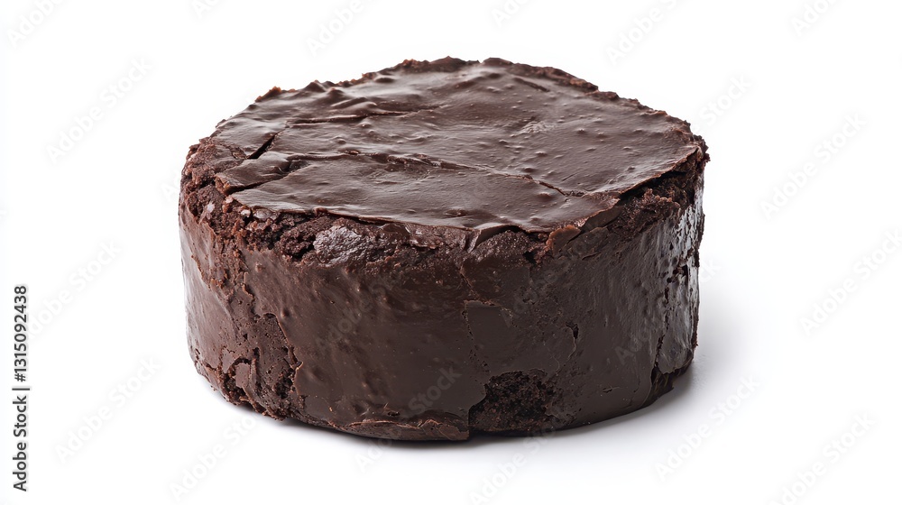 A freshly baked chocolate cake with a rich ganache frosting on a white isolated background A freshly baked chocolate cake with a rich ganache frosting on a white isolated background