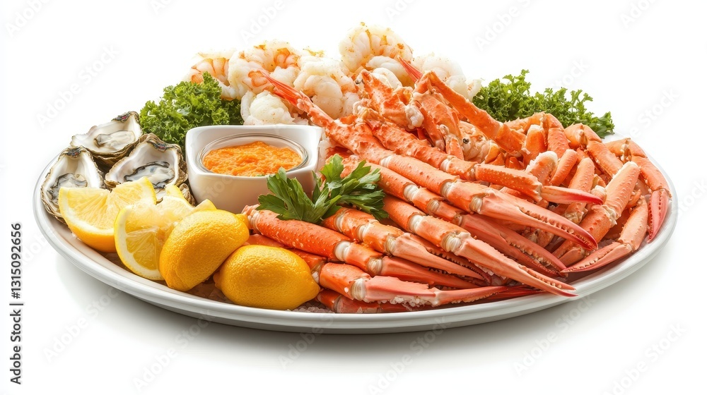 A fresh seafood platter with shrimp, oysters, and crab legs on a white isolated background A fresh seafood platter with shrimp, oysters, and crab legs on a white isolated background