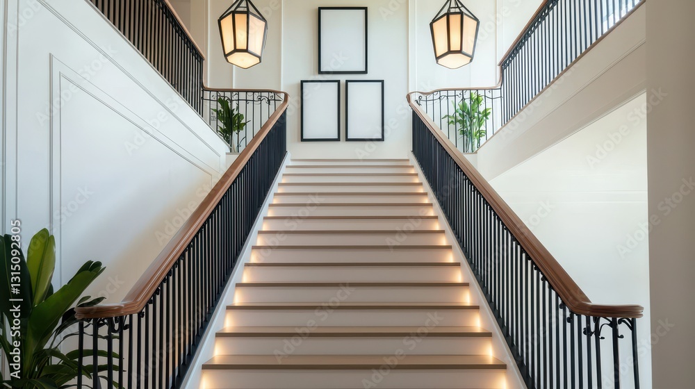 Obraz premium A stylish staircase with elegant lighting, framed by a minimalist design and greenery, creating a sophisticated atmosphere.