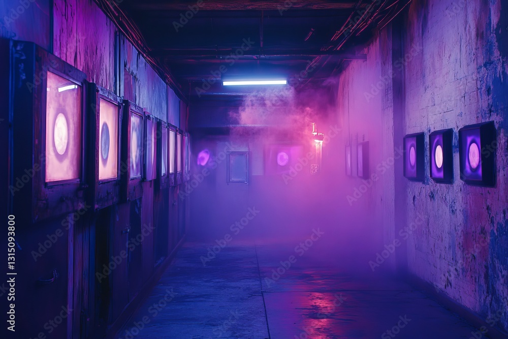 This striking image features a deserted interior showcasing colorful lights and ethereal fog, creating a captivating and mysterious atmosphere. This striking image features a deserted interior showcasing colorful lights and ethereal fog, creating a captivating and mysterious atmosphere.