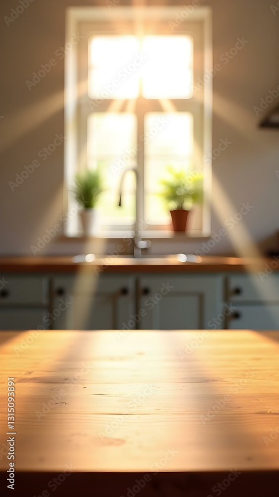 Empty Wooden Kitchen Table with Sunlight in Modern Interior, Background Mockup, template Empty Wooden Kitchen Table with Sunlight in Modern Interior, Background Mockup, template