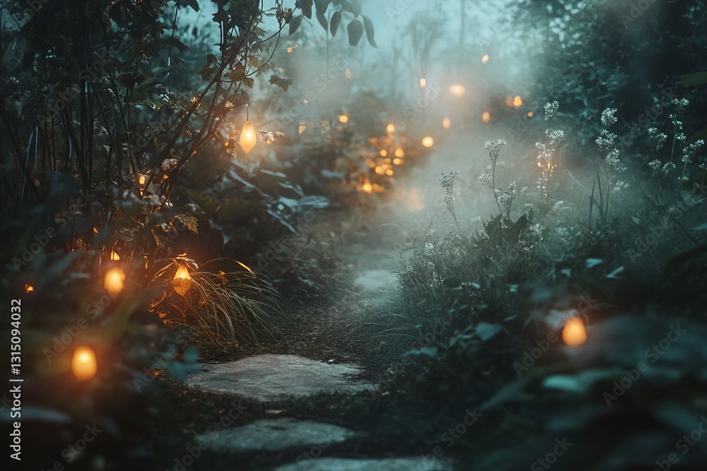 Discover a magical garden pathway illuminated by soft, warm lights amidst gentle fog and lush greenery, perfect for serene evening strolls or dreamlike escapes. Discover a magical garden pathway illuminated by soft, warm lights amidst gentle fog and lush greenery, perfect for serene evening strolls or dreamlike escapes.