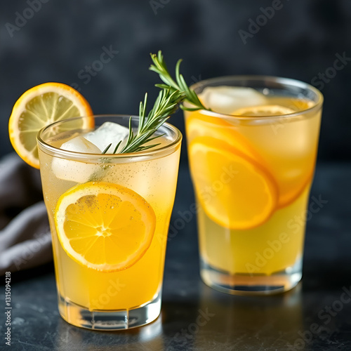 A glass of refreshing citrus drink garnished with rosemary. photo