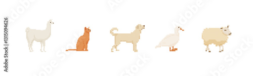 A charming collection of pixel art animals, featuring a llama, cat, dog, duck, and sheep, created in a pixelated design.