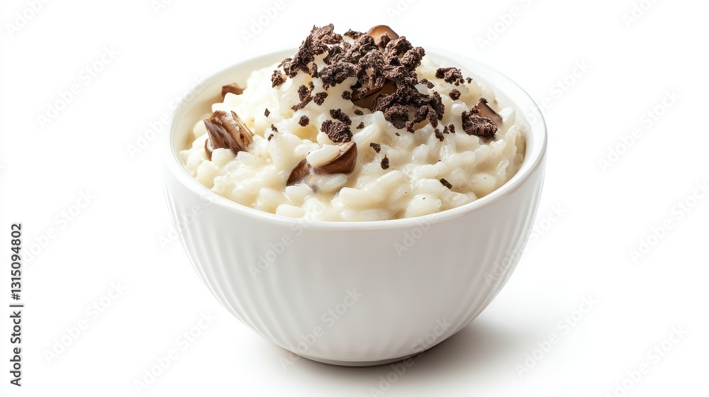 A bowl of creamy risotto with mushrooms and truffle oil on a white isolated background A bowl of creamy risotto with mushrooms and truffle oil on a white isolated background