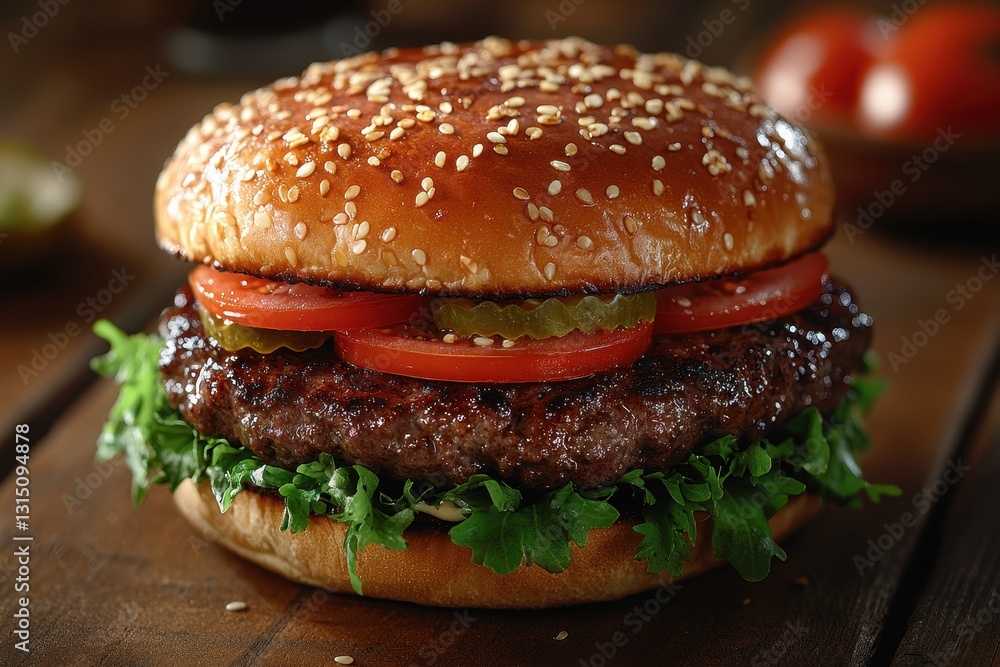 Juicy hamburger with fresh lettuce, tomatoes, and pickles on a sesame seed bun served on a rustic wooden table Juicy hamburger with fresh lettuce, tomatoes, and pickles on a sesame seed bun served on a rustic wooden table