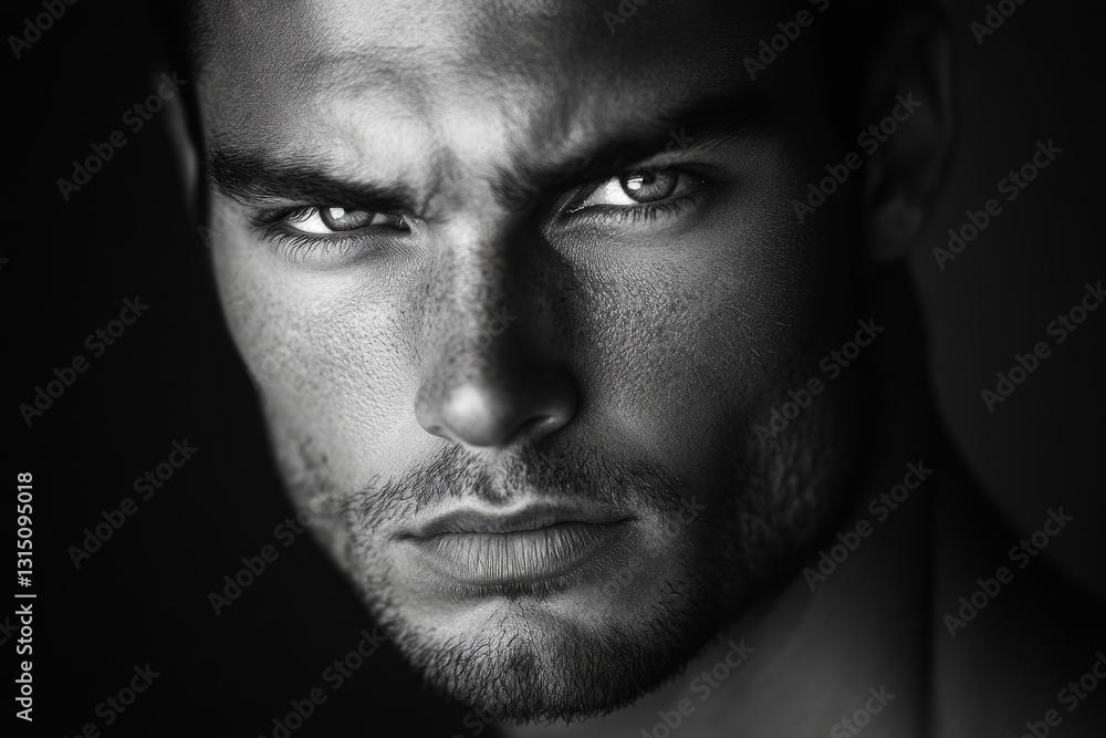 black and white monochrome portrait of a man with a strong jawline and intense gaze, red flags in online dating profile black and white monochrome portrait of a man with a strong jawline and intense gaze, red flags in online dating profile