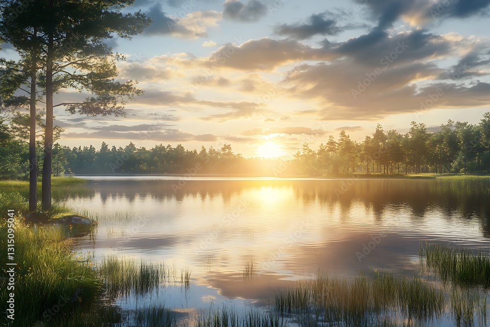 Serene lakeside view at sunrise with reflections and lush greenery. Serene lakeside view at sunrise with reflections and lush greenery.
