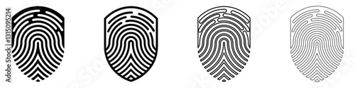Fingerprint icons set. Black and white shield shaped fingerprint design. Cyber security concept. Vector illustration