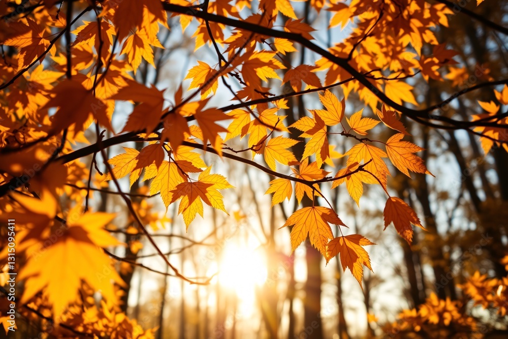 Fototapeta premium Golden sunlight shines through autumn leaves in a serene forest, highlighting the vibrant seasonal colors and natural beauty of the environment