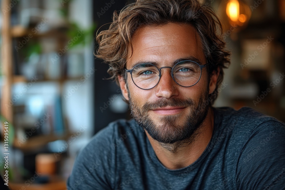 Young man with curly hair and glasses smiles warmly in a cozy cafe during the afternoon Young man with curly hair and glasses smiles warmly in a cozy cafe during the afternoon