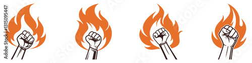 Clenched fist rises amid vibrant flames. Set of icons. Representing strength and passion. Vector illustration