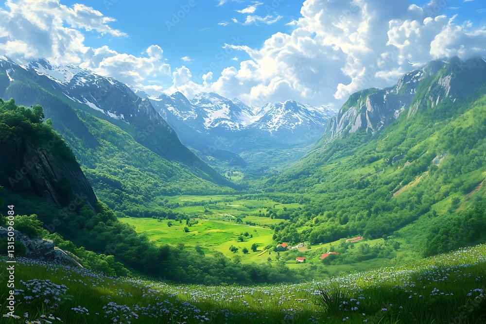 Fototapeta premium A serene valley surrounded by majestic mountains and lush greenery under a bright sky.