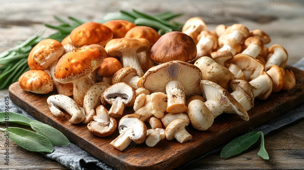 Stunning Display of Assorted Mushrooms Including Oyster, Shiitake, and Button on a Rustic Wooden Board with Sage Stunning Display of Assorted Mushrooms Including Oyster, Shiitake, and Button on a Rustic Wooden Board with Sage