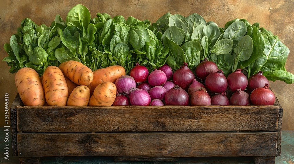 A Rustic Display of Fresh Organic Vegetables Including Sweet Potatoes, Red Onion, Beetroot, and Spinach