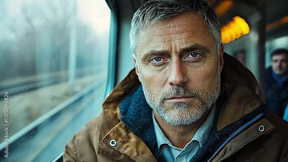 Serious man looking out train window. Possible use Stock photo for travel, contemplation, or lifestyle
