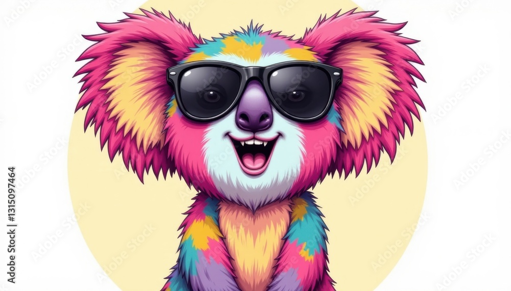 A vibrant and playful cartoon koala with colorful fur, wearing stylish sunglasses, and appearing cheerful and energetic against a plain isolated background. A vibrant and playful cartoon koala with colorful fur, wearing stylish sunglasses, and appearing cheerful and energetic against a plain isolated background.